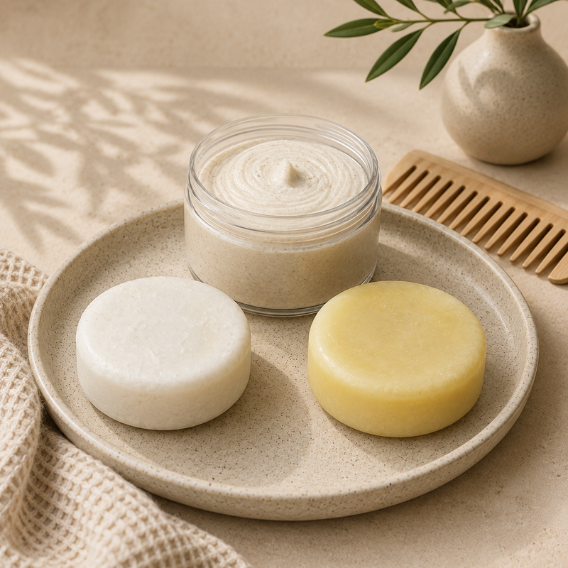 Solid shampoo bar, conditioner bar and Himalayan Salt hair treatment arranged on a ceramic tray