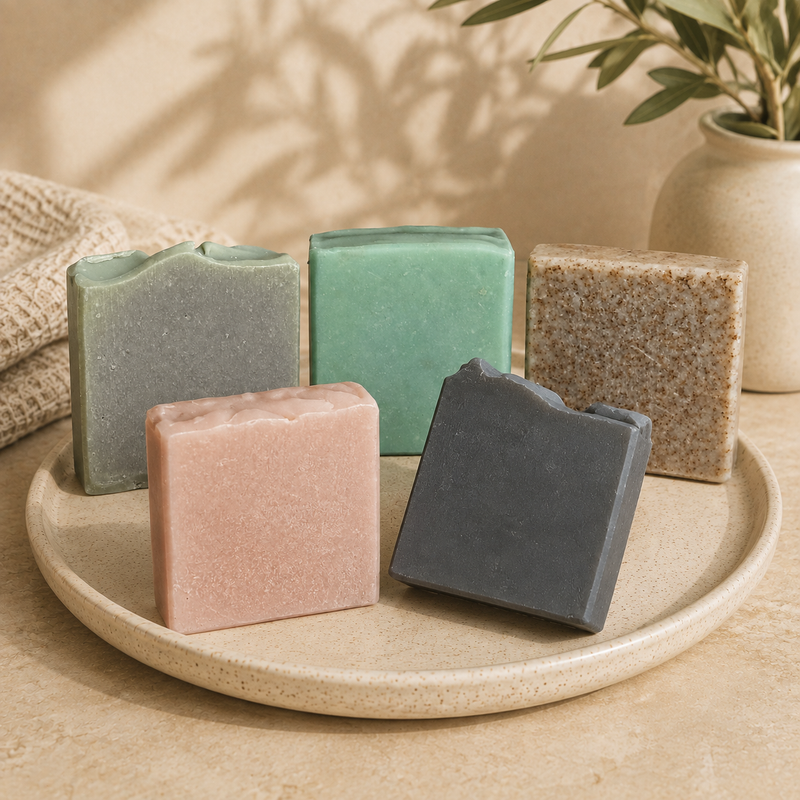 Five handmade soap bars in sage, mint, oatmeal, blush and charcoal on a ceramic tray