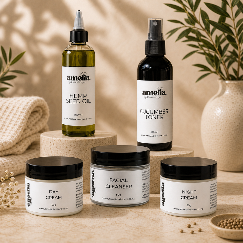 Amelia Skincare Bundles featuring a selection of handmade skincare products