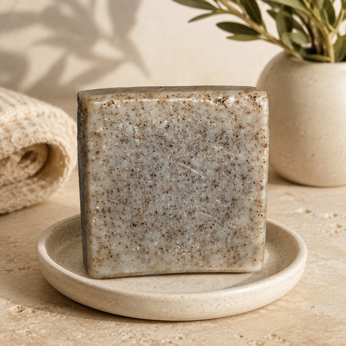 Coffee handmade soap bar styled in a warm neutral setting