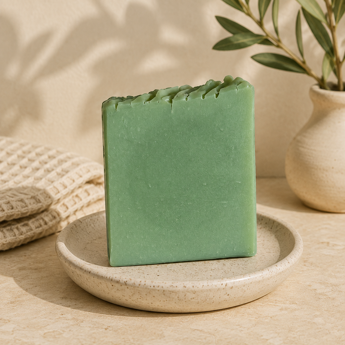 Energy handmade soap bar styled in a warm neutral product setting