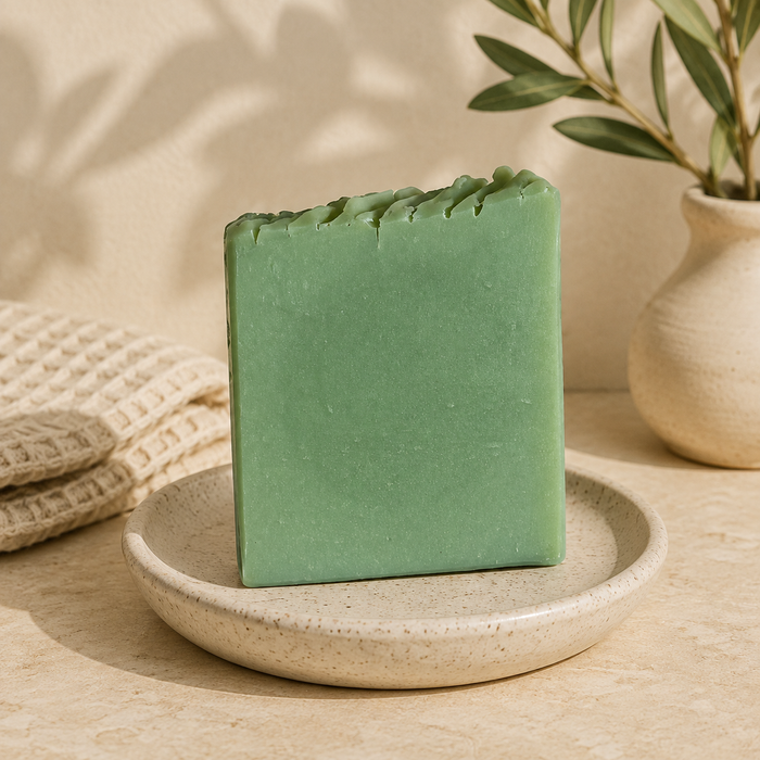 Energy handmade soap bar styled in a warm neutral product setting