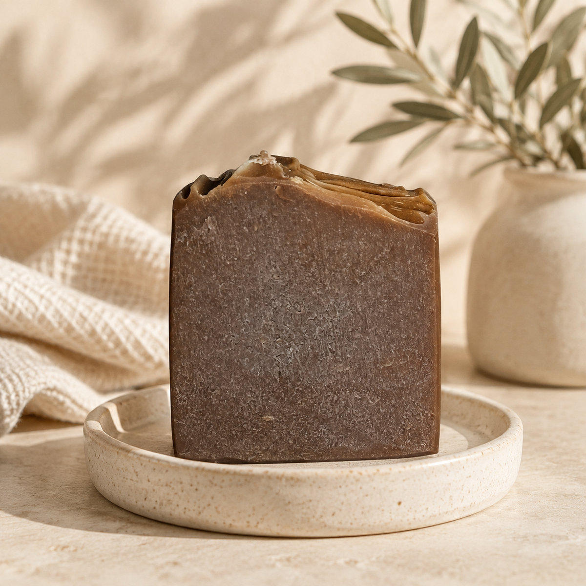 Banana Crunch handmade soap bar styled in a warm neutral setting