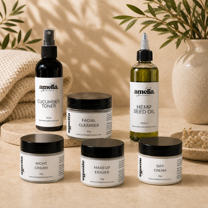 The Amelia Complete Routine with Cucumber Toner, Hemp Seed Oil, Facial Cleanser, Day Cream, Night Cream, and Makeup Eraser
