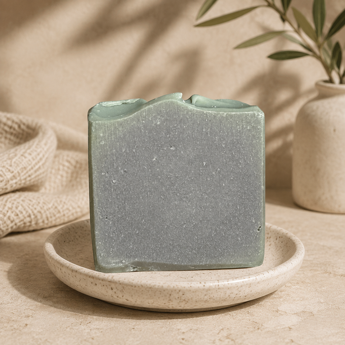 Citrus Explosion handmade soap bar styled in a warm neutral setting