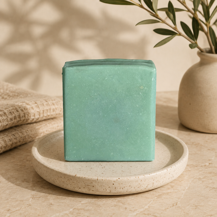 Oakmoss and Amber handmade soap bar styled in a warm neutral setting