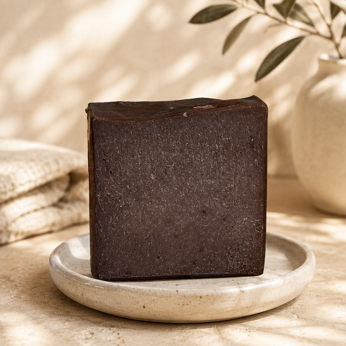Dark brown Vanilla Bean handmade soap bar on a ceramic dish in a warm neutral setting