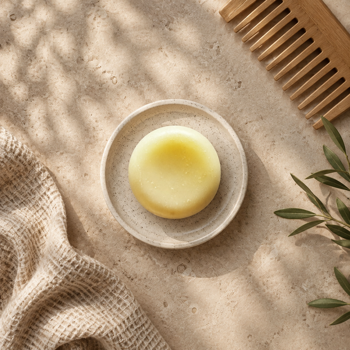 Yellow solid conditioner bar in a speckled ceramic dish with a wooden comb