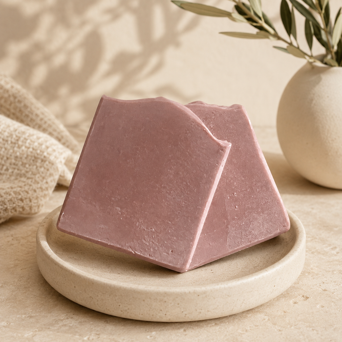 Two Tobacco Caramel handmade soap bars arranged in a warm neutral setting