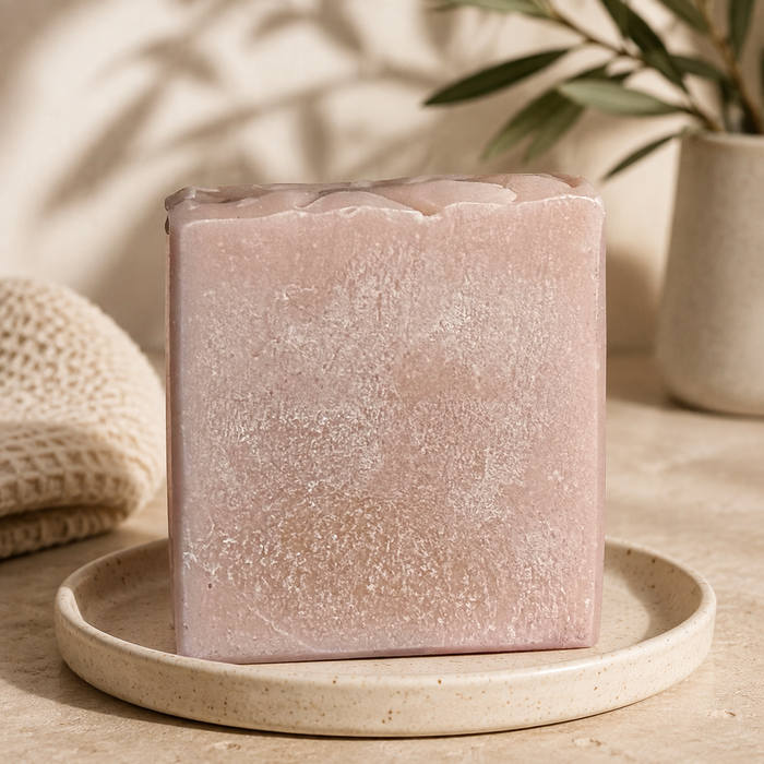 Blush Leather and Oudh handmade soap bar on a ceramic dish in a warm neutral setting