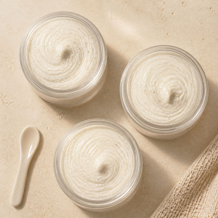 Three open jars of Himalayan Salt hair and scalp treatment arranged on a warm stone surface