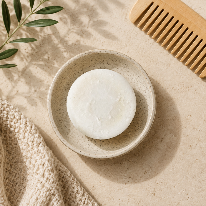 Ivory solid shampoo bar in a speckled ceramic dish with a wooden comb