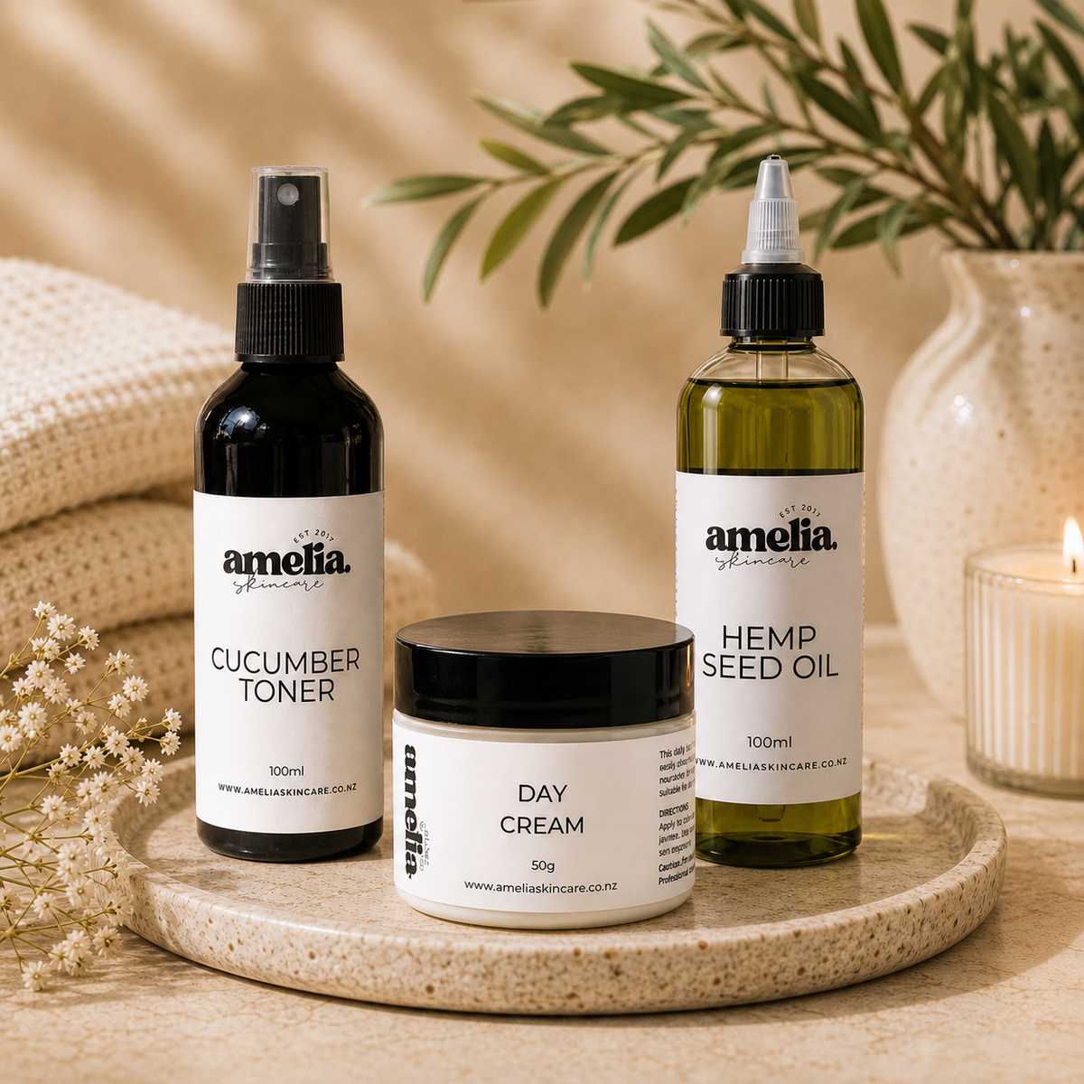 The Hydration Trio with Cucumber Toner, Day Cream, and Hemp Seed Oil